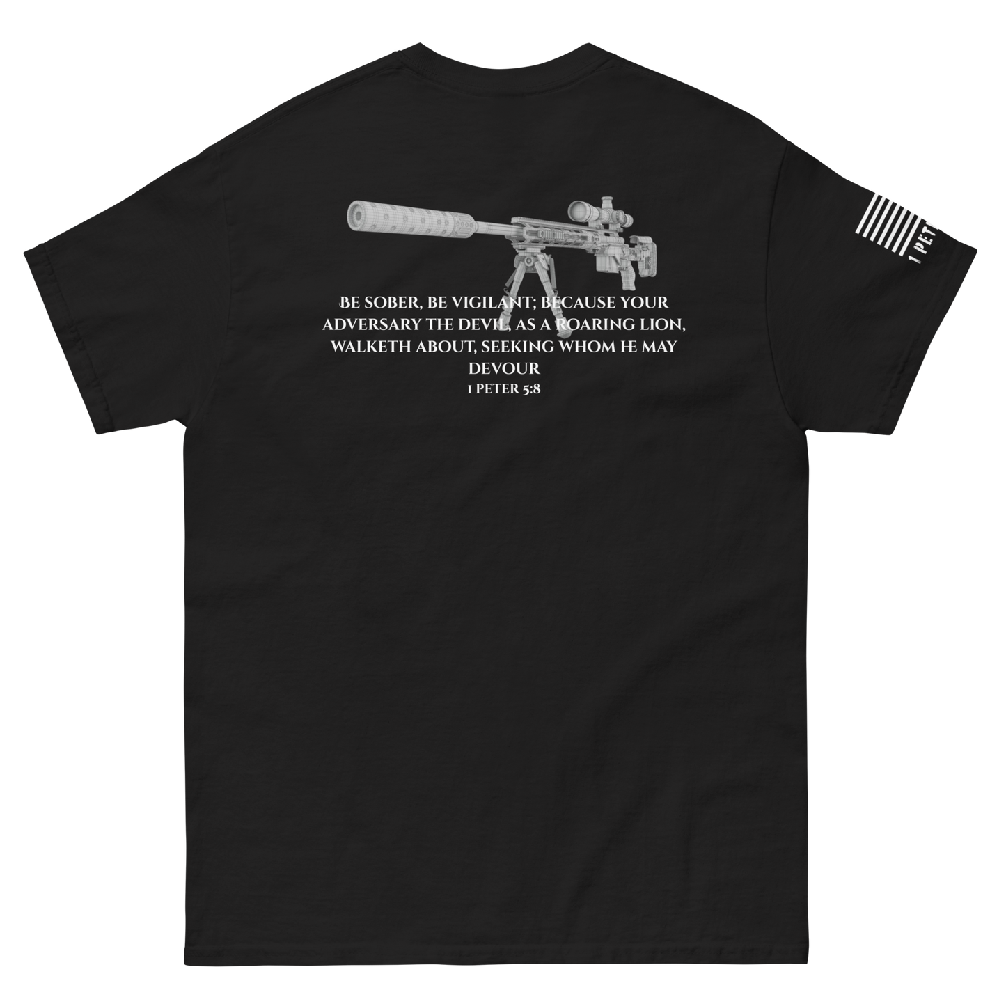 1 Peter 5:8 tee from FFO’s Narrow Path Collection — features back graphic of sniper rifle paired with scripture.