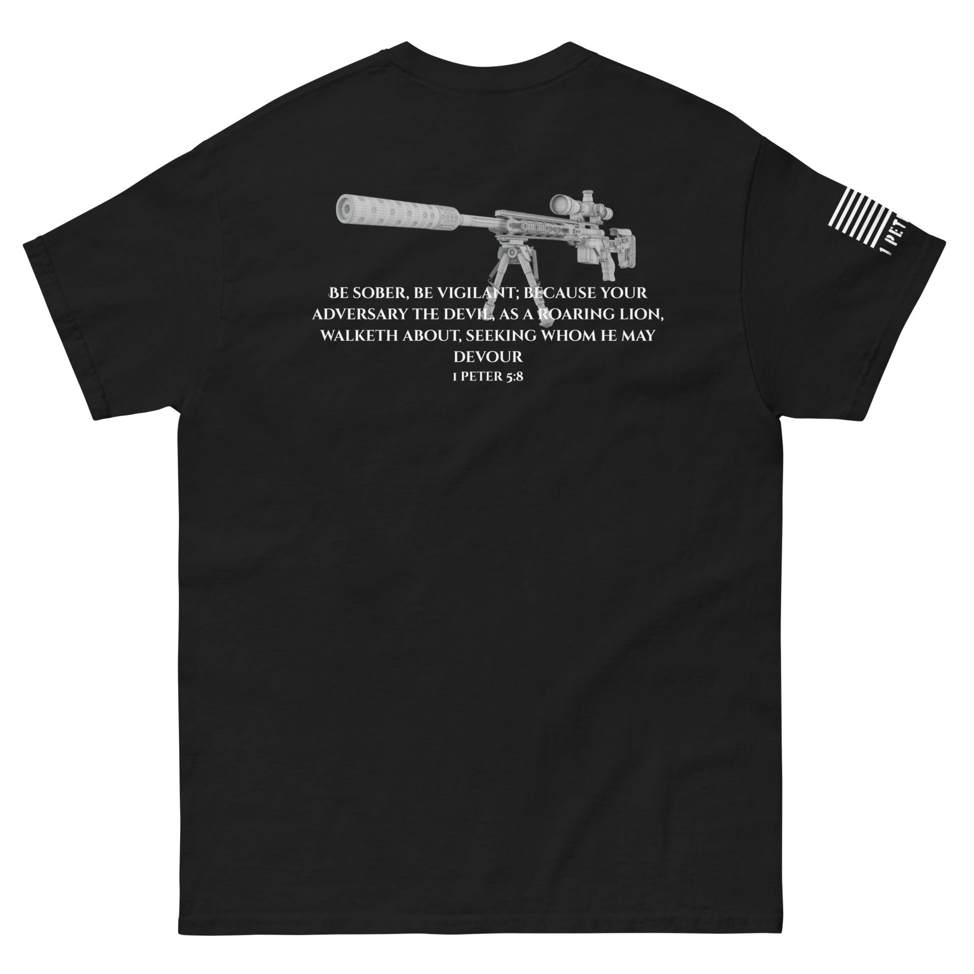 1 Peter 5:8 tee from FFO’s Narrow Path Collection — features back graphic of sniper rifle paired with scripture.