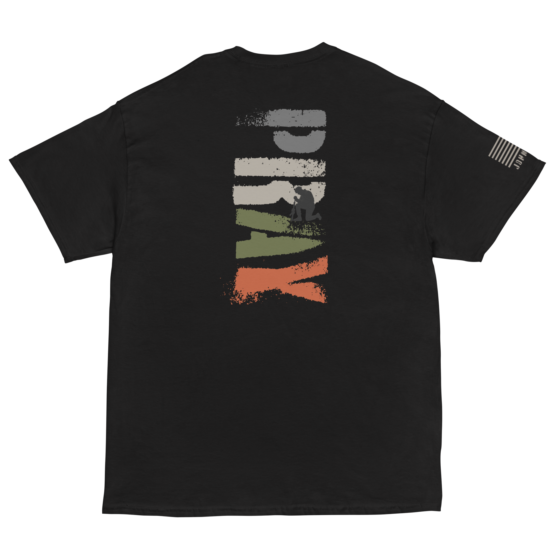 “Pray T from The Narrow Path Collection — features silhouette of kneeling soldier in prayer, symbolizing spiritual strength and battlefield humility.”