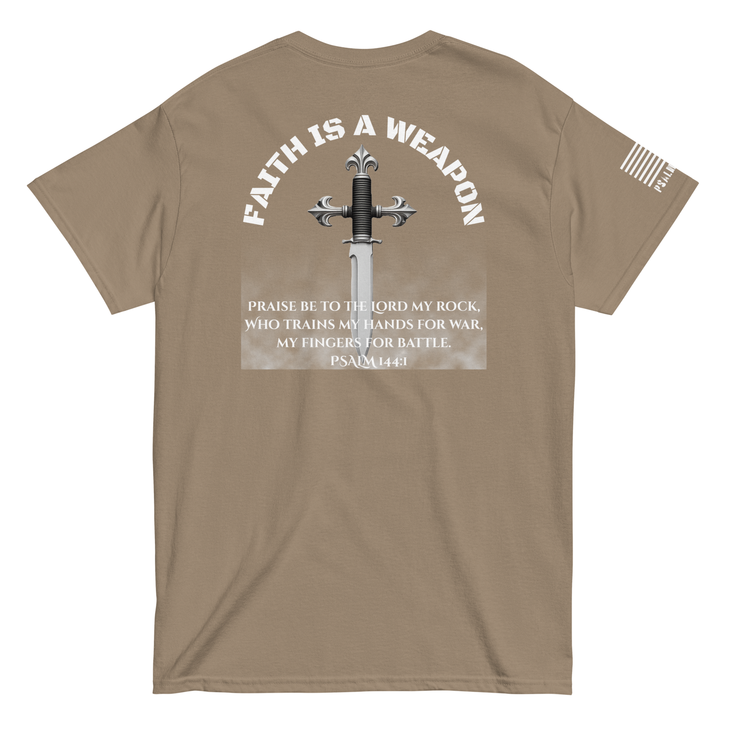 Faith Is a Weapon tee from FFO’s Narrow Path Collection — features Psalm 144:1 artwork and typography