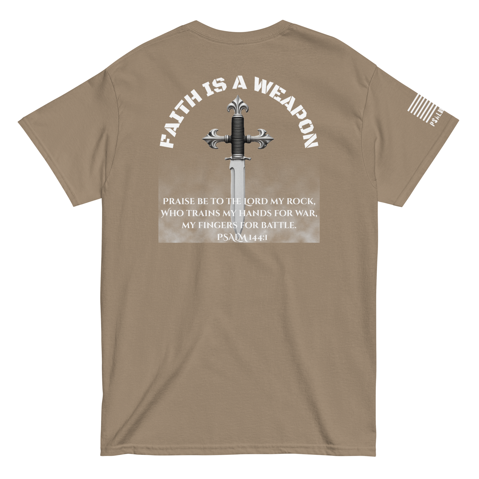 Faith Is a Weapon tee from FFO’s Narrow Path Collection — features Psalm 144:1 artwork and typography