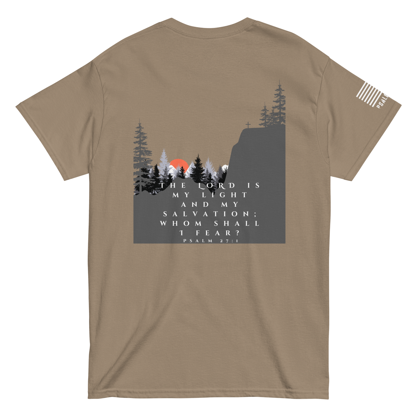 Psalm 27:1 artistic tee from FFO’s Narrow Path Collection — features sunrise over mountain silhouette with ‘The Lord is my light and my salvation’ verse, symbolizing divine strength and fearless faith.”