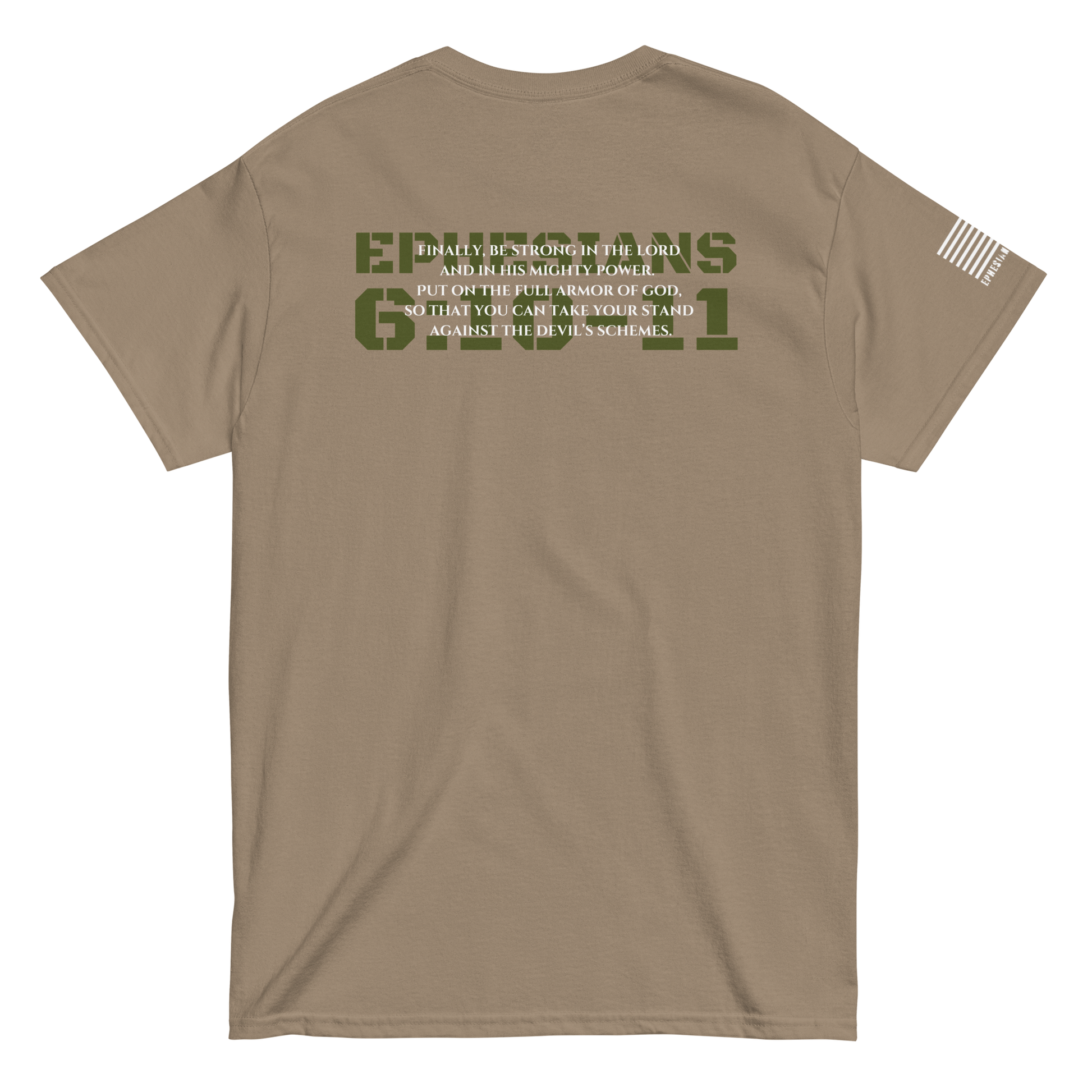 Ephesians 6:10 tee from FFO’s Narrow Path Collection — minimalist back print with ‘Be strong in the Lord and in his mighty power,’ symbolizing spiritual resilience and divine strength.”