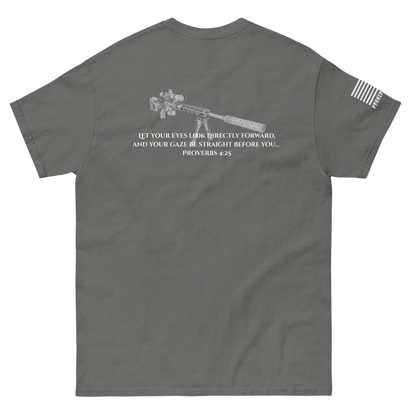 Proverbs 4:25 tee from FFO’s Narrow Path Collection — features back graphic of sniper rifle paired with Scripture