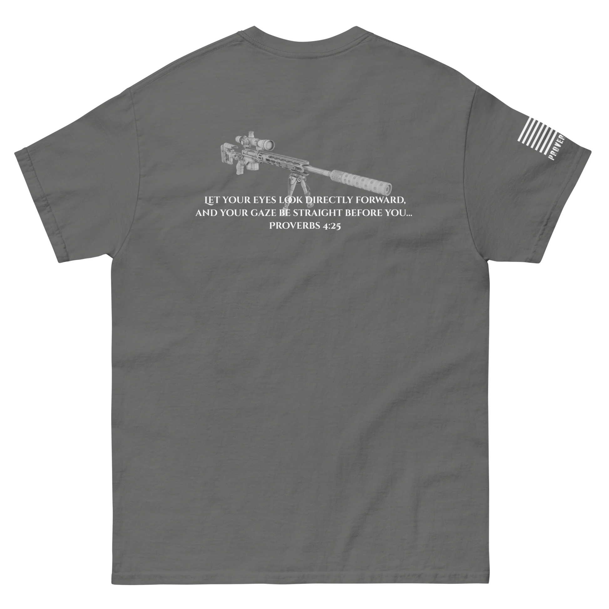 Proverbs 4:25 tee from FFO’s Narrow Path Collection — features back graphic of sniper rifle paired with Scripture