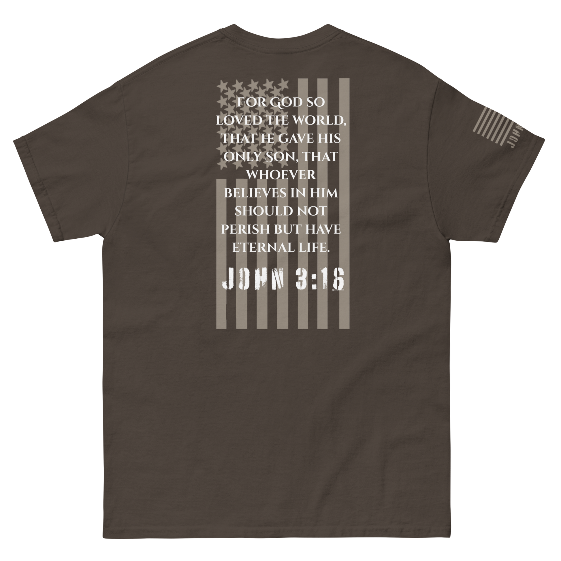 Faith Is EDC carry tee with American flag overlay and John 3:16 verse on back — patriotic design blending spiritual conviction and national pride.