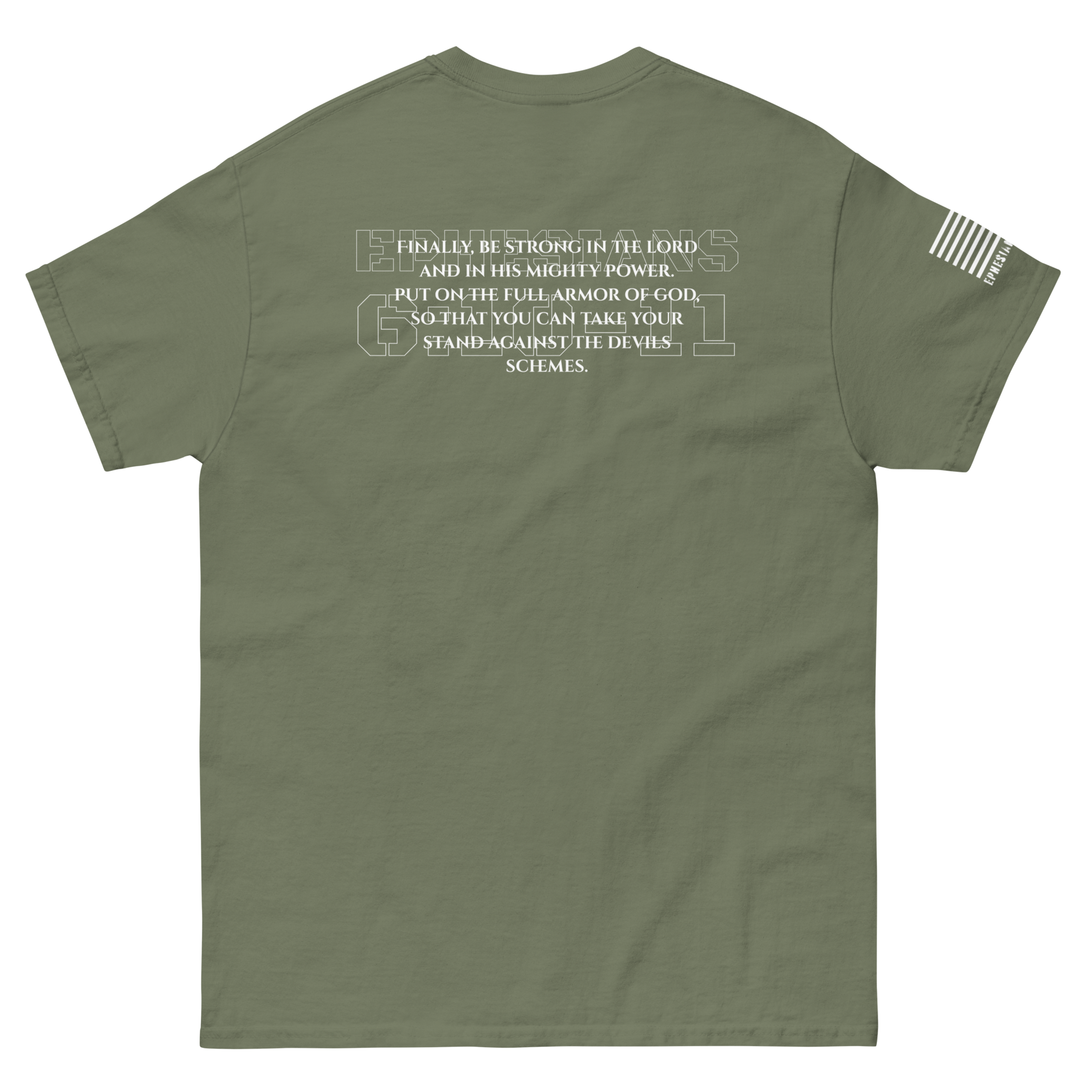 Ephesians 6:10-11 tee from FFO’s Narrow Path Collection — features back text of scripture in simple design