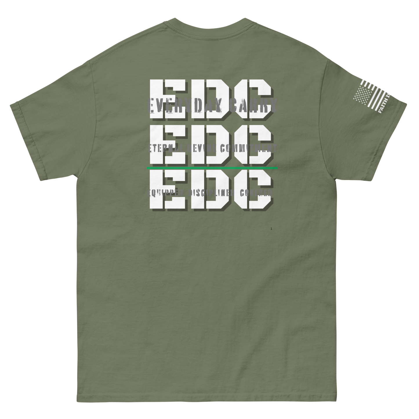 EDC tee from FFO’s Spiritual Special Ops collection featuring Thin Green Line detail — design highlights triple meaning