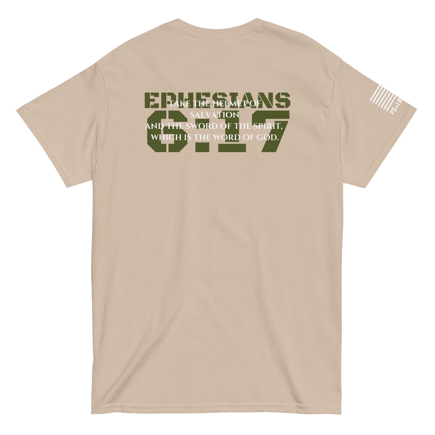 Ephesians 6:17 minimalist tee from FFO’s Narrow Path Collection — features scripture-only back print: ‘Take the helmet of salvation and the sword of the Spirit, which is the word of God.’”