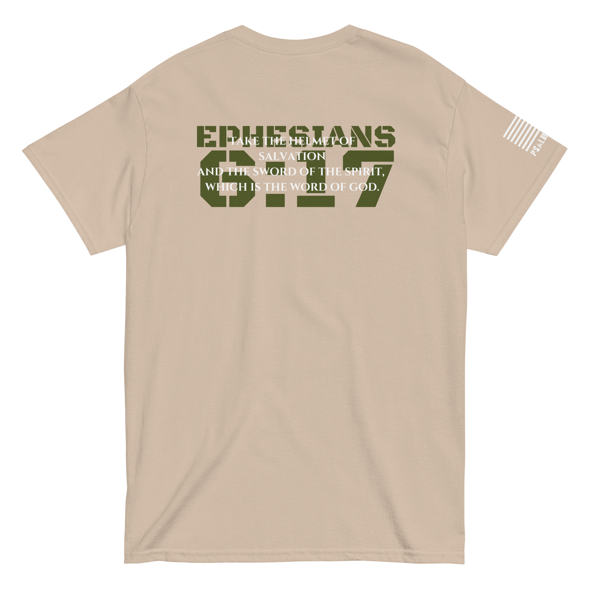 Ephesians 6:17 minimalist tee from FFO’s Narrow Path Collection — features scripture-only back print: ‘Take the helmet of salvation and the sword of the Spirit, which is the word of God.’”