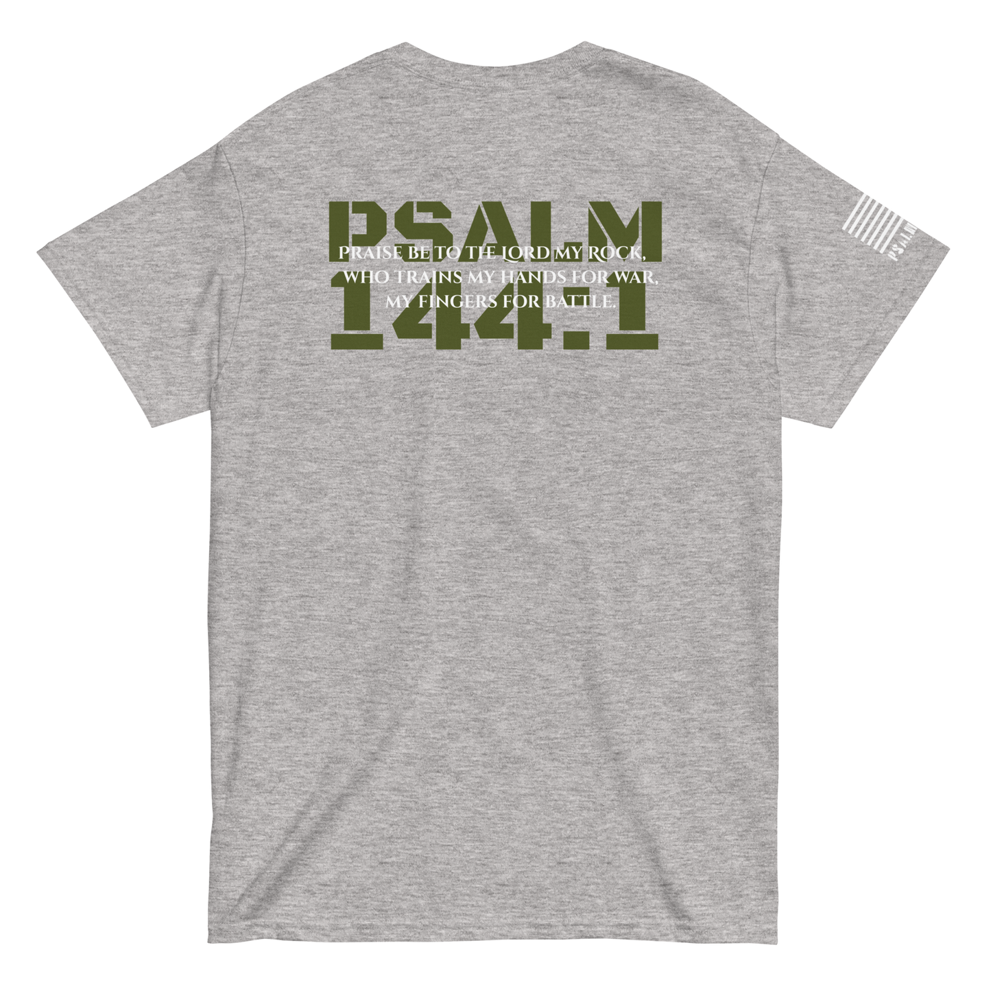 Psalm 144:1 script-back tee from FFO’s Narrow Path Collection — minimalist design