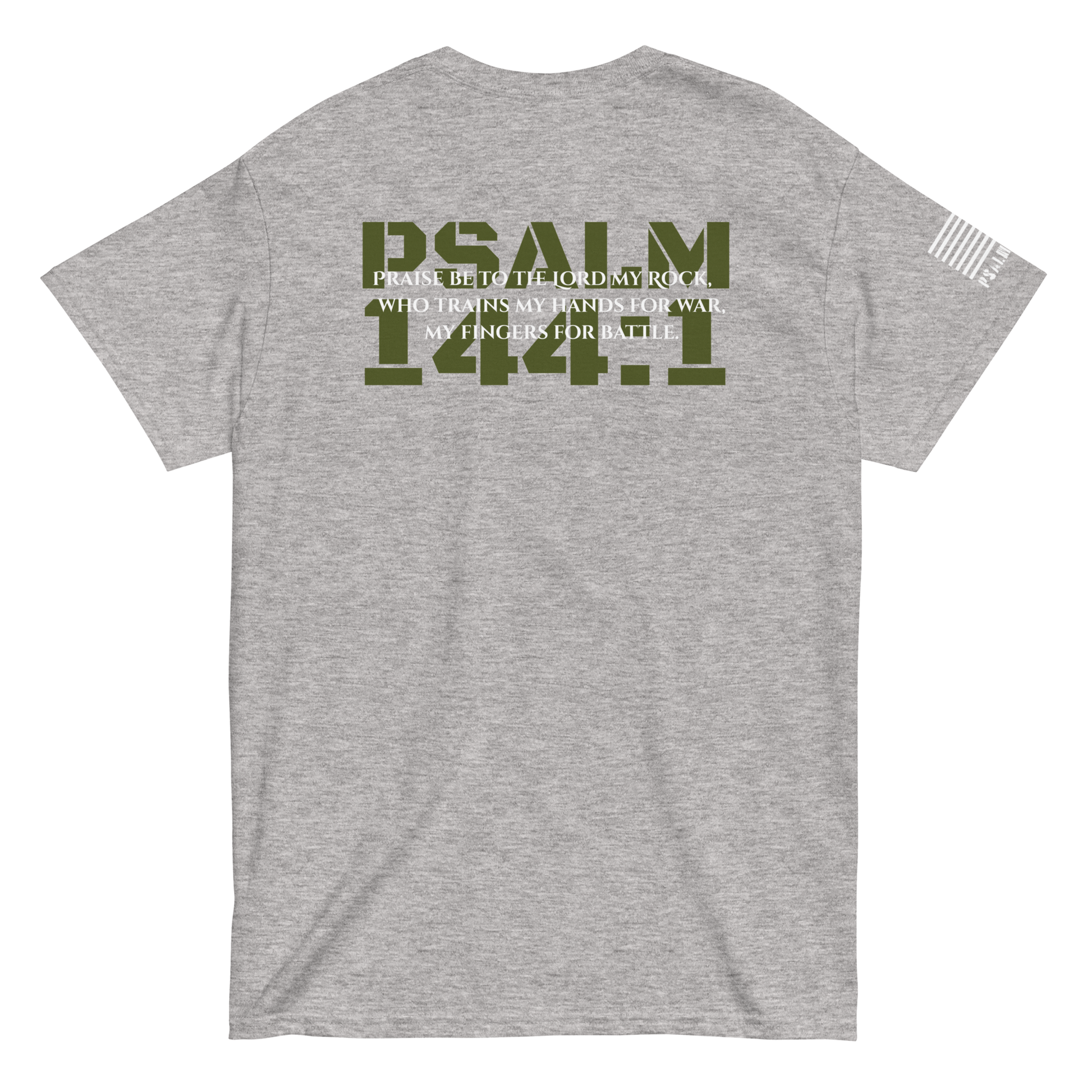 Psalm 144:1 script-back tee from FFO’s Narrow Path Collection — minimalist design