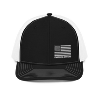 Richardson 112 Trucker Cap with front-embroidered white American Flag Faith is my EDC stamp — classic mesh-back design combining tactical grit and faith-driven branding in Head for Cover Collection