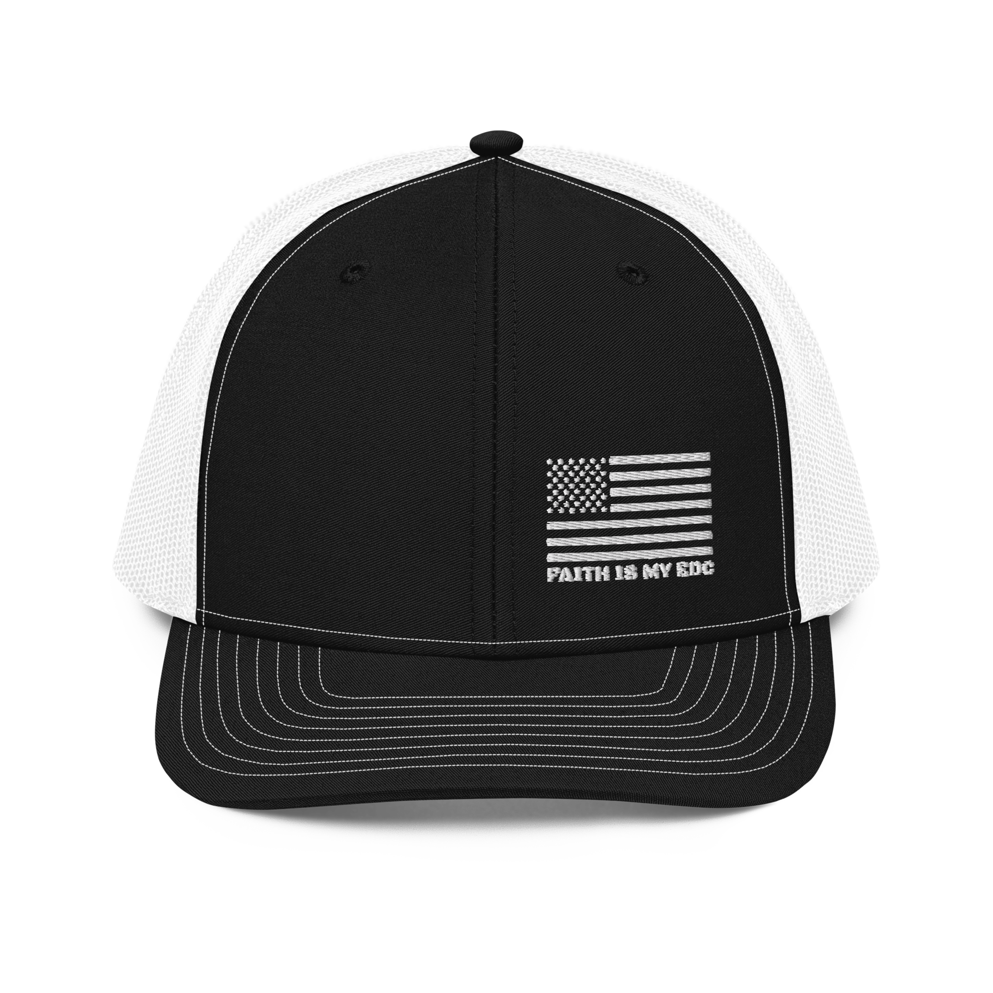 Richardson 112 Trucker Cap with front-embroidered white American Flag Faith is my EDC stamp — classic mesh-back design combining tactical grit and faith-driven branding in Head for Cover Collection