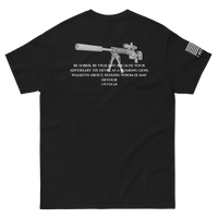 1 Peter 5:8 tee from FFO’s Narrow Path Collection — features back graphic of sniper rifle paired with scripture.