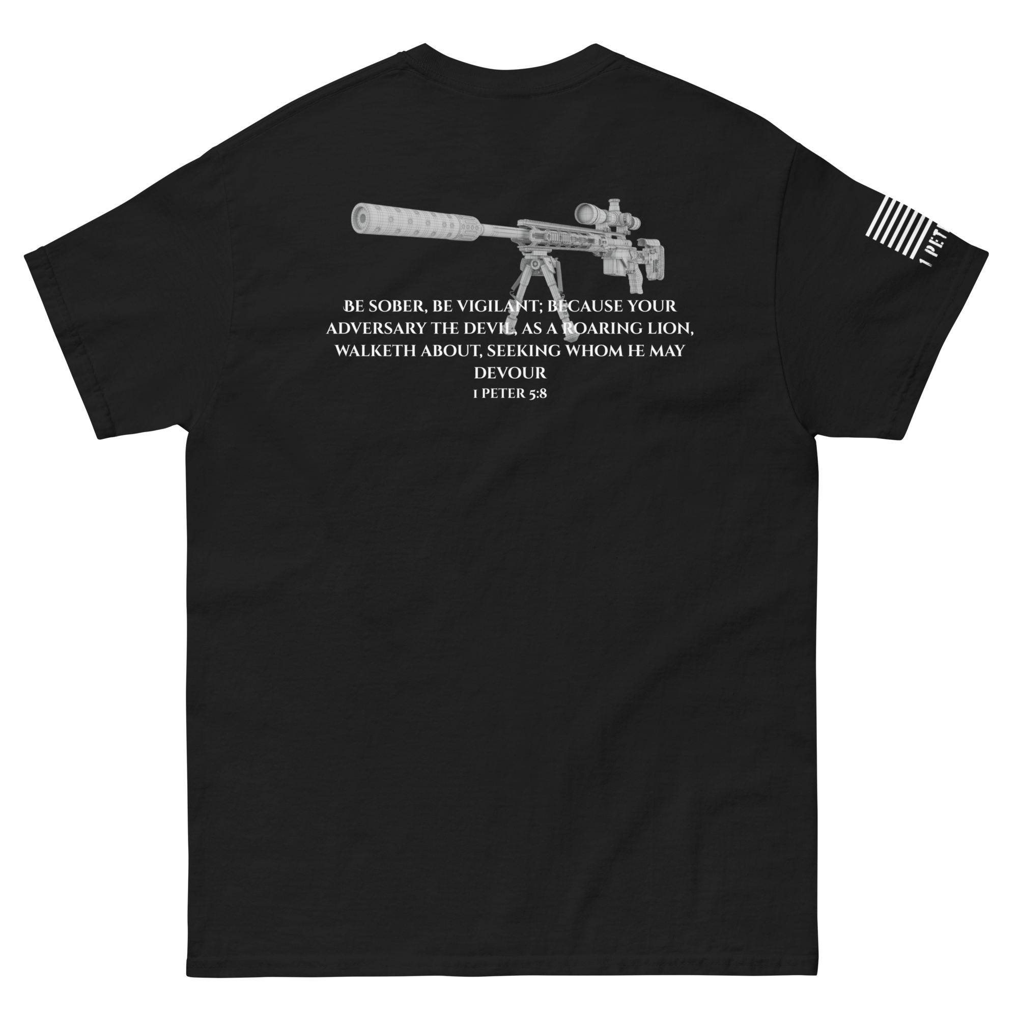 1 Peter 5:8 tee from FFO’s Narrow Path Collection — features back graphic of sniper rifle paired with scripture.