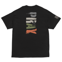 “Pray T from The Narrow Path Collection — features silhouette of kneeling soldier in prayer, symbolizing spiritual strength and battlefield humility.”