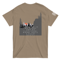 Psalm 27:1 artistic tee from FFO’s Narrow Path Collection — features sunrise over mountain silhouette with ‘The Lord is my light and my salvation’ verse, symbolizing divine strength and fearless faith.”