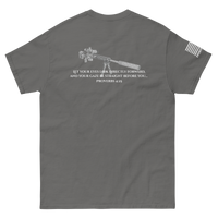 Proverbs 4:25 tee from FFO’s Narrow Path Collection — features back graphic of sniper rifle paired with Scripture