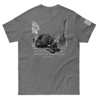 Ephesians 6:17 tee from FFO’s The Narrow Path Collection— features operator’s helmet in urban war zone backdrop with Scripture overlay