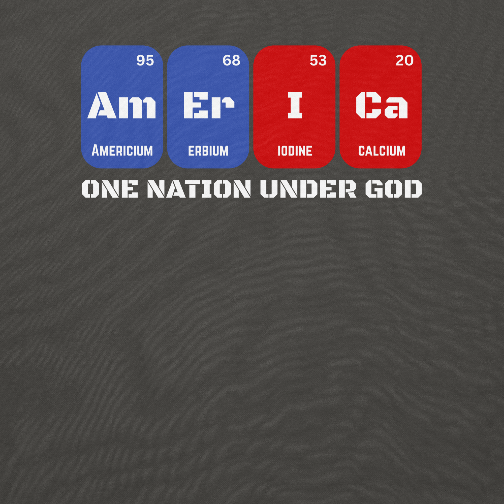 Built for Cold hoodie featuring ‘America’ spelled with periodic table elements — red, white, and blue design blending scientific grit with patriotic faith.